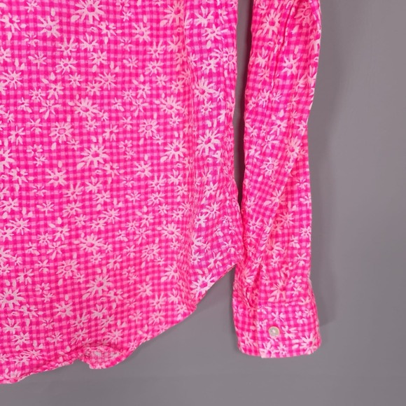 Lilly Pulitzer Sea View 100%‎ LINEN Button Down Top Size XS Pink Gingham Floral - Picture 8 of 13